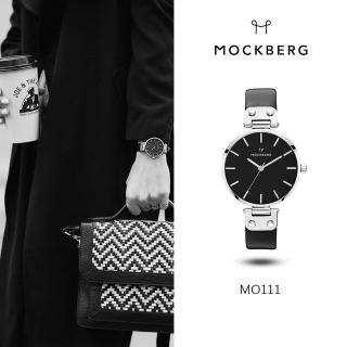 【MOCKBERG】瑞典品牌 簡約 白面白鋼黑色皮革錶 女錶 手錶 34mm 母親節(MO111)
