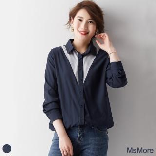 【MsMore】韓國OL顯瘦寬鬆拼接V領撞色襯衫#106064(深藍)