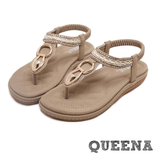 【QUEENA】金屬釦環水鑽串珠排飾T字舒適厚底涼鞋(米)