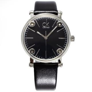 【Calvin Klein】鏡面加厚款皮革手錶-黑面x黑色/36mm(K3B231C1)
