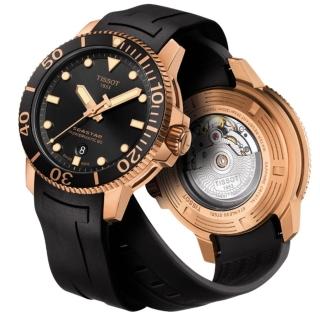 【TISSOT 天梭 官方授權】Seastar 1000海洋之星300米潛水機械錶-43mm/黑x玫瑰金 畢業 禮物(T1204073705101)