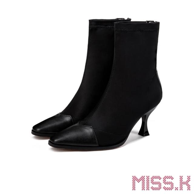 【MISS.K】異材質方頭幾何V型拼接時尚高跟短靴(黑)
