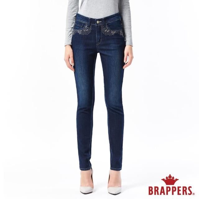 【BRAPPERS】女款 新美腳系列-菱格花朵彈性鑲鑽中腰窄管褲(藍)