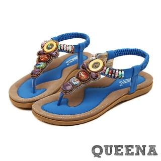 【QUEENA】繽紛寶石時尚民族風串珠T字羅馬涼鞋(藍)