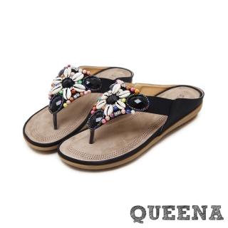 【QUEENA】時尚波希米亞貝殼串珠飾面度假風人字平底拖鞋(黑)