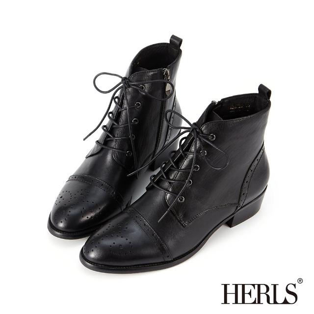 【HERLS】短靴-真皮橫飾雕花綁帶牛津靴短靴(黑色)