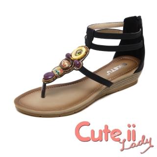 【Cute ii Lady】波西米亞民族風寶石串珠飾時尚坡跟羅馬涼鞋(黑)