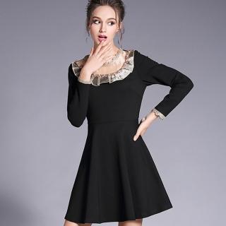 【A’bella 艾貝菈】淺膚歐根紗領邊素面黑短洋裝(中大尺碼/S-5XL)