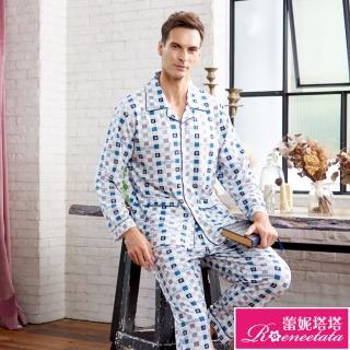 【蕾妮塔塔】針織棉男性長袖褲裝睡衣(R88223-5藍灰格紋)