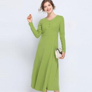 【A’bella 艾貝菈】草綠三粒飾釦棉素面長洋裝(中大尺碼/L-5XL)