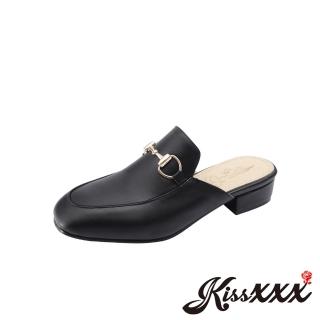 【KissXXX】經典馬蹄釦飾小方頭低跟穆勒鞋 包頭拖鞋(黑)