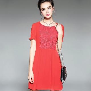 【A’bella 艾貝菈】鮮紅浮雕花蕾絲鬆緊袖短洋裝(中大尺碼/M-5XL)