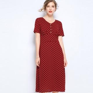 【A’bella 艾貝菈】深紅白圓點印花寬腰身長洋裝(中大尺碼/L-5XL)