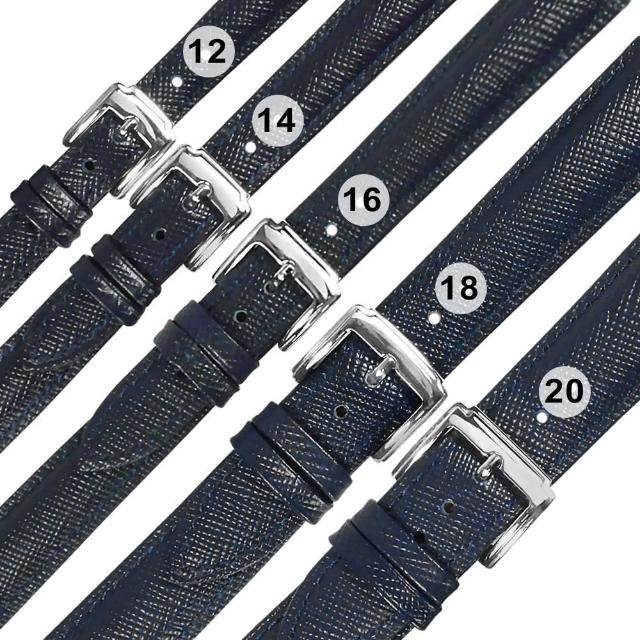 【Watchband】12.14.16.18.20 mm / 各品牌通用 真皮防刮壓紋錶帶 不鏽鋼扣頭(藏青色)