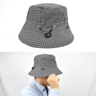 【玖飾時尚】漁夫帽 清新灰格紋伸縮拉繩扣(帽子)