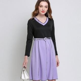 【A’bella 艾貝菈】英字紫領邊黑線撞色短洋裝(中大尺碼/L-5XL)