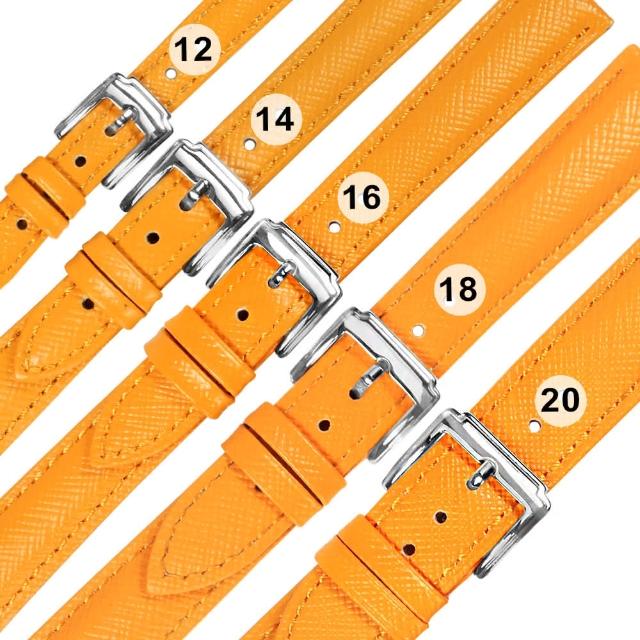 【Watchband】12.14.16.18.20 mm / 各品牌通用 真皮防刮壓紋錶帶 不鏽鋼扣頭(橘黃色)