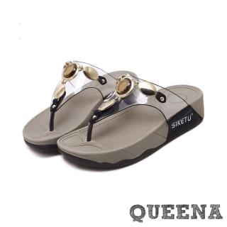 【QUEENA】個性寶石金屬透明飾帶舒適人字厚底拖鞋(黑)