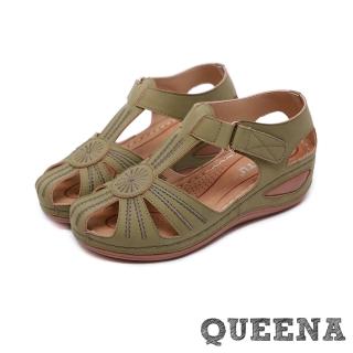 【QUEENA】復古個性繡線縷空造型包頭舒適坡跟羅馬涼鞋(綠)