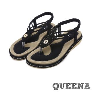 【QUEENA】個性時尚線繩編織T字經典厚底羅馬涼鞋(黑)