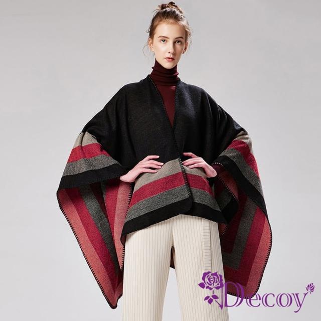 【Decoy】乍現紅光＊條紋加大保暖斗篷式披肩/黑紅