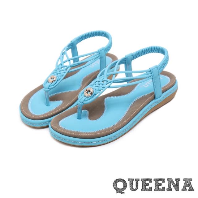 【QUEENA】個性時尚線繩編織T字經典厚底羅馬涼鞋(水藍)