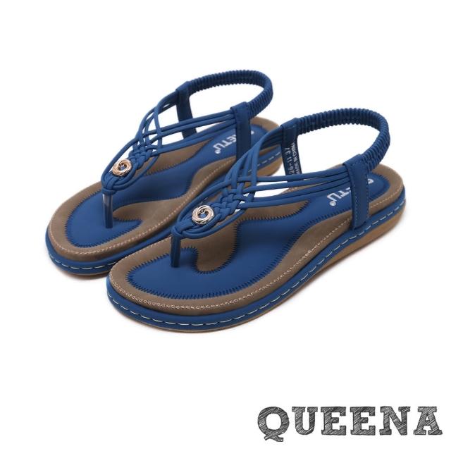 【QUEENA】個性時尚線繩編織T字經典厚底羅馬涼鞋(藍)