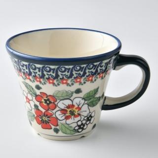 【波蘭陶】Zaklady 寬口茶杯 馬克杯 咖啡杯 水杯 240 ml 波蘭手工製(紅白彩卉系列)