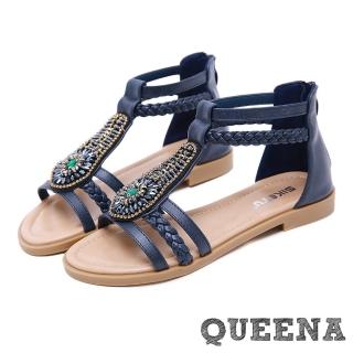 【QUEENA】波希米亞風個性串珠縷空線條拼接低跟羅馬涼鞋(藍)