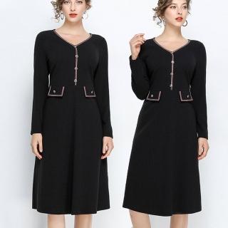 【麗質達人】16215黑色V領長袖洋裝(特價商品)