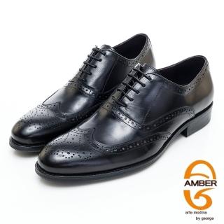 【GEORGE】Amber 商務時尚 -經典綁帶雕花真皮牛津紳士鞋-黑色915020DN-10