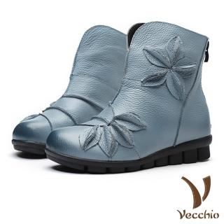 【Vecchio】真皮頭層牛皮立體葉片花朵厚底短靴(水藍)