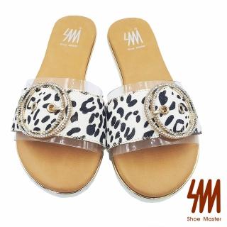 【SM】韓風ONNI系列-一字玻璃邊豹紋帶雙環飾扣平底拖鞋-白色/棕色