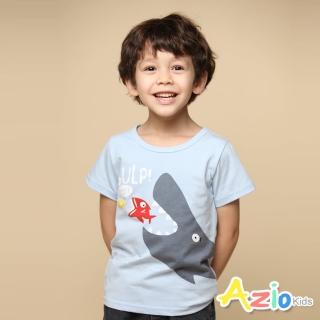 【Azio Kids 美國派】男童 上衣 可愛鯨魚吃小魚印花短袖上衣(藍)