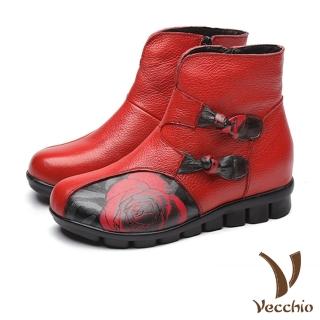 【Vecchio】真皮頭層牛皮手工玫瑰印花中國風蝴蝶結飾平底短靴(紅)