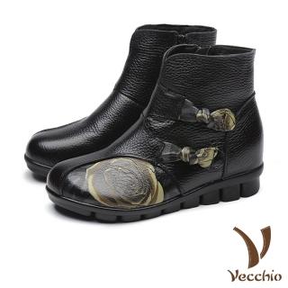 【Vecchio】真皮頭層牛皮手工玫瑰印花中國風蝴蝶結飾平底短靴(黑)