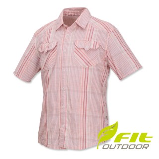 【Fit 維特】男-格紋吸排抗UV短袖襯衫-玫紅 ES1202-11(透氣/吸濕排汗/格紋襯衫)
