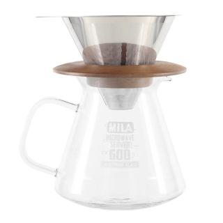 【MILA】不鏽鋼咖啡濾網-2-4cup超值組合(原木架+耐熱壺)