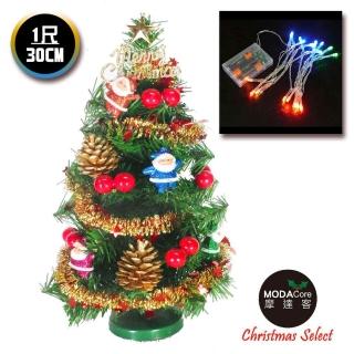 【摩達客】耶誕-1尺/1呎-30cm台灣製迷你裝飾綠色聖誕樹(含聖誕老人紅果系/含LED20燈彩光電池燈/免組裝)