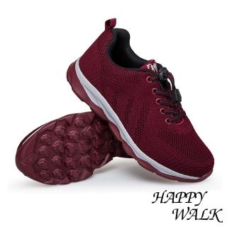 【HAPPY WALK】時尚縷空透氣飛織布面機能防滑大底休閒運動鞋(酒紅)