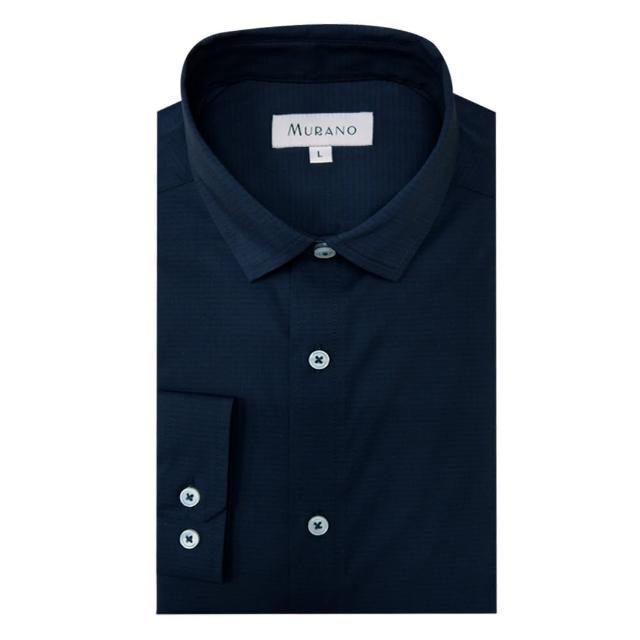 【MURANO】彈性修身長袖襯衫-深藍底格紋(台灣製、現貨、彈性格紋)