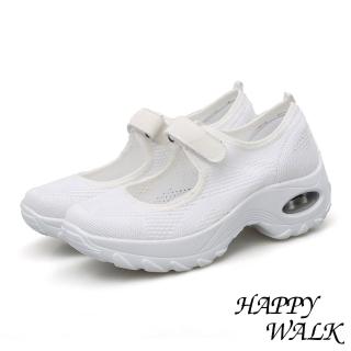 【HAPPY WALK】彈力透氣飛織魔鬼粘機能氣墊休閒娃娃鞋(白)