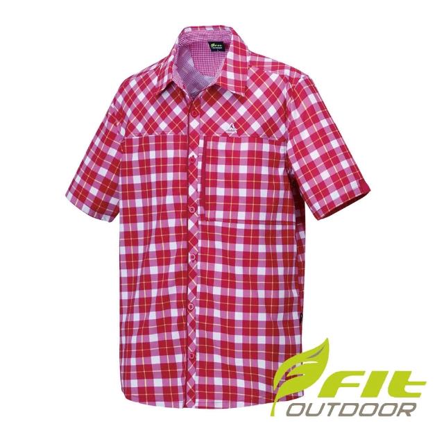 【Fit 維特】男-吸排抗UV格紋機彈襯衫-胭脂紅 HS1201-A2(抗UV/格紋襯衫/戶外休閒)