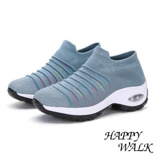 【HAPPY WALK】舒適飛織立體摺線時尚造型氣墊休閒鞋(水藍)
