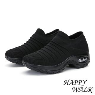 【HAPPY WALK】舒適飛織立體摺線時尚造型氣墊休閒鞋(黑)