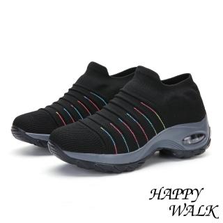 【HAPPY WALK】舒適飛織立體摺線時尚造型氣墊休閒鞋(黑彩)