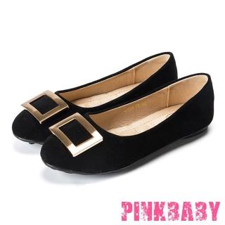 【PINKBABY】經典時尚金屬大方釦舒適軟底豆豆鞋(黑)
