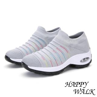 【HAPPY WALK】舒適飛織立體摺線時尚造型氣墊休閒鞋(淺灰)