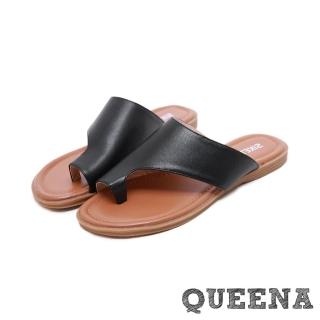 【QUEENA】經典個性簡約皮面夾趾舒適平底羅馬拖鞋(黑)