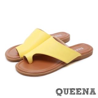 【QUEENA】經典個性簡約皮面夾趾舒適平底羅馬拖鞋(黃)